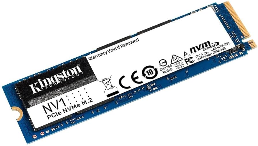 Unidade SSD Kingston NV1 PCIe NVMe M.2, utilizada para armazenamento de dados com alta velocidade em notebooks e desktops modernos.