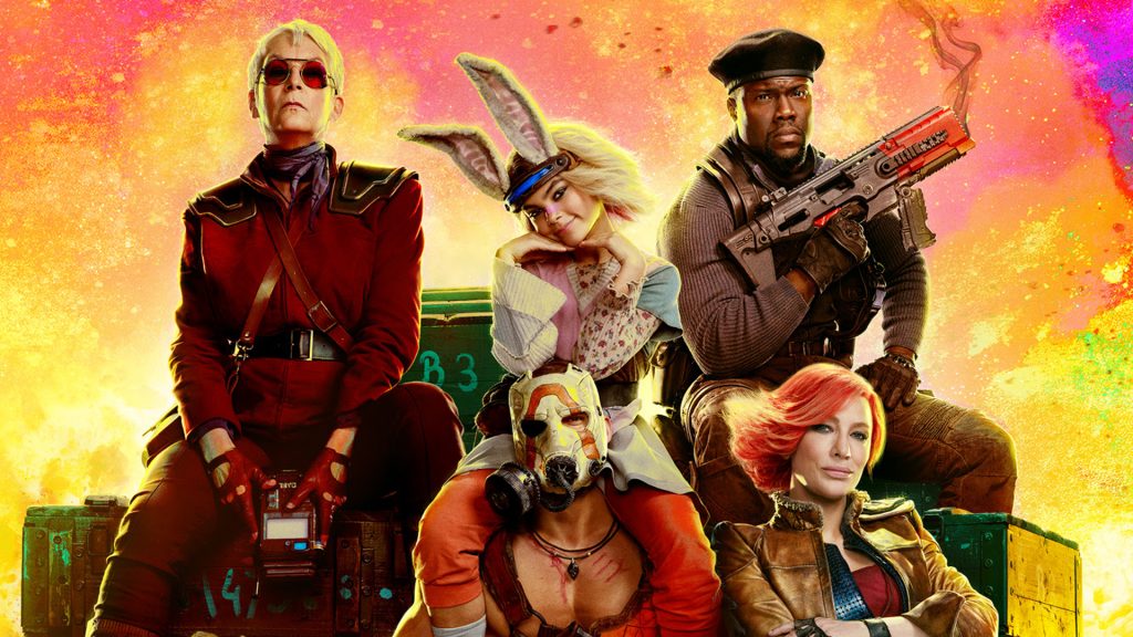 Elenco de Borderlands em imagem promocional com fundo colorido, incluindo personagens armados e trajes futuristas em estilo cinematográfico de ação e comédia