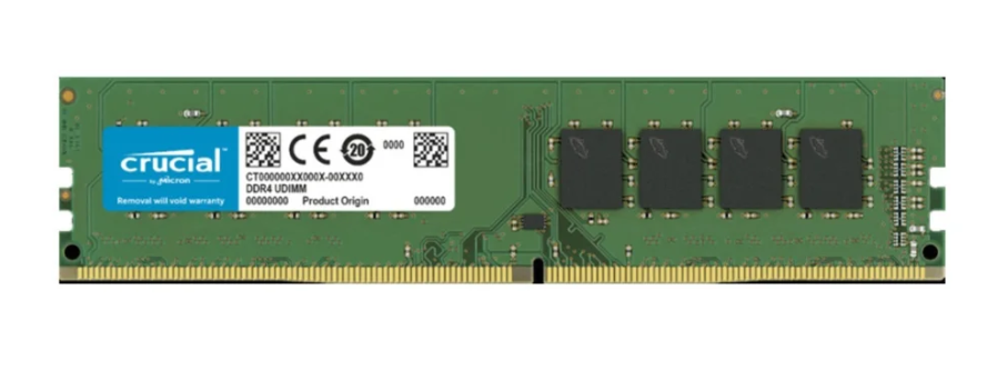Módulo de memória RAM Crucial DDR4 UDIMM, componente essencial para desempenho e multitarefa em computadores desktop