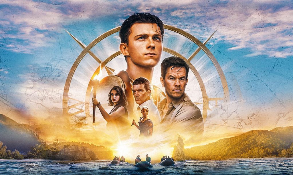 Pôster do filme Uncharted: Fora do Mapa, com os protagonistas em destaque e cenário de exploração ao fundo, inspirado no universo dos games.