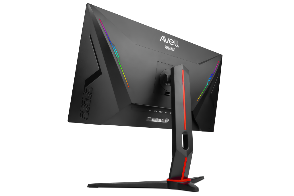 Parte traseira do monitor gamer Avell Volcano’s com design ergonômico, iluminação RGB e múltiplas conexões HDMI e DisplayPort, ideal para setups profissionais e gamers.