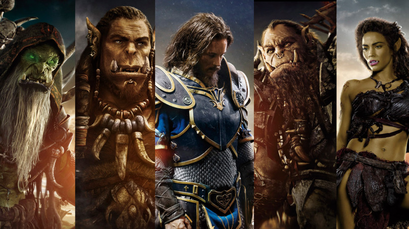 Personagens do filme Warcraft: O Primeiro Encontro de Dois Mundos, inspirados no universo do jogo da Blizzard, com humanos e orcs em destaque.