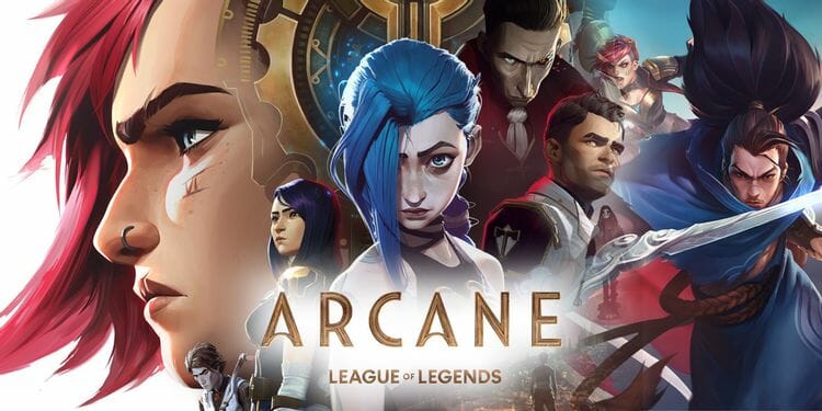 Imagem promocional da série Arcane com Vi, Jinx e outros personagens de League of Legends, com fundo estilizado e atmosfera steampunk