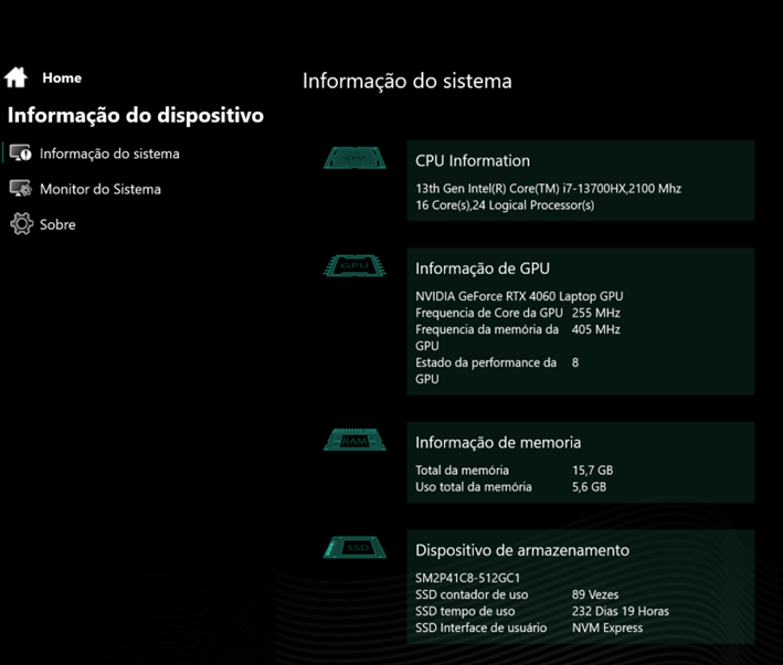 Tela do Avell Custom Control exibindo informações do sistema com dados de CPU Intel Core i7, GPU NVIDIA RTX 4060, memória RAM e SSD.