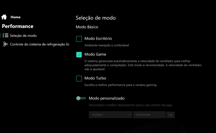 Interface do Avell Custom Control exibindo opções de modo de desempenho: Escritório, Game, Turbo e Personalizado.