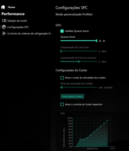 Tela do Avell Custom Control com configurações SPC, permitindo ajustes avançados de GPU, Dynamic Boost e controle da velocidade dos coolers.