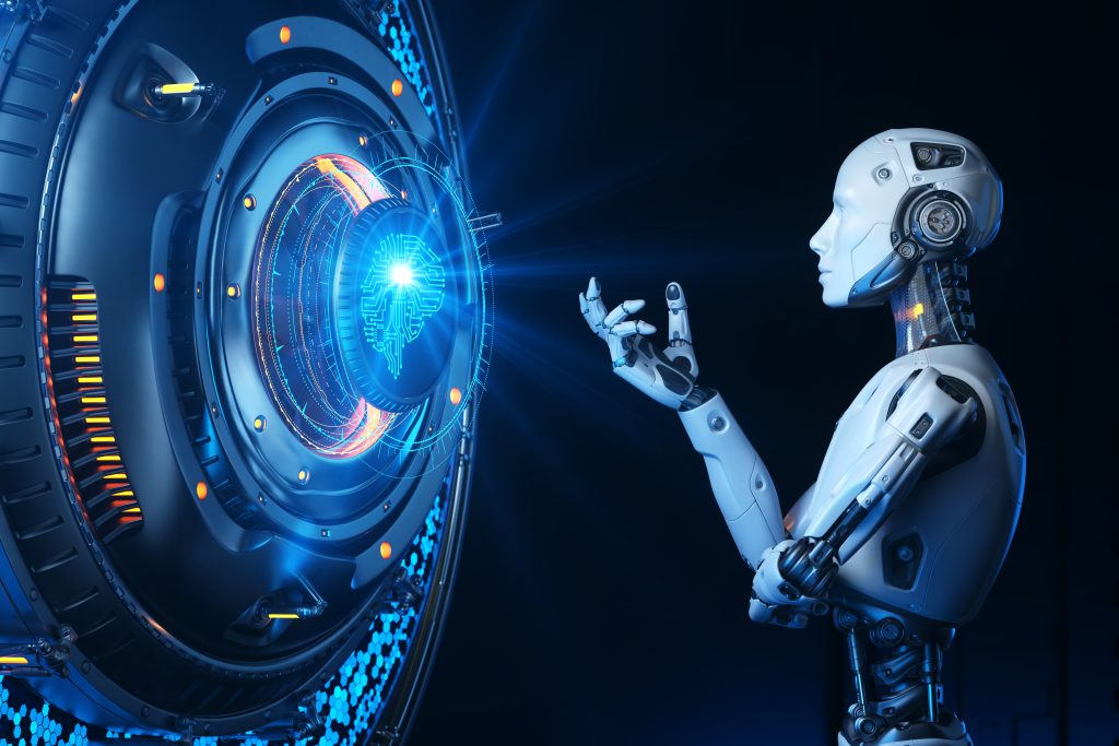 Assistente virtual do futuro interagindo com sistema de inteligência artificial avançada em ambiente futurista