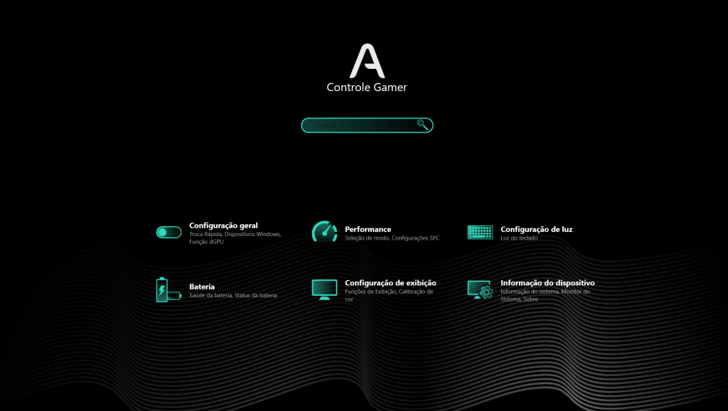 Interface do Avell Custom Control exibindo opções de desempenho, iluminação e ventilação.