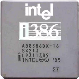 Processador Intel 386 — marco na evolução dos processadores Intel, lançado em 1985 com arquitetura de 32 bits.