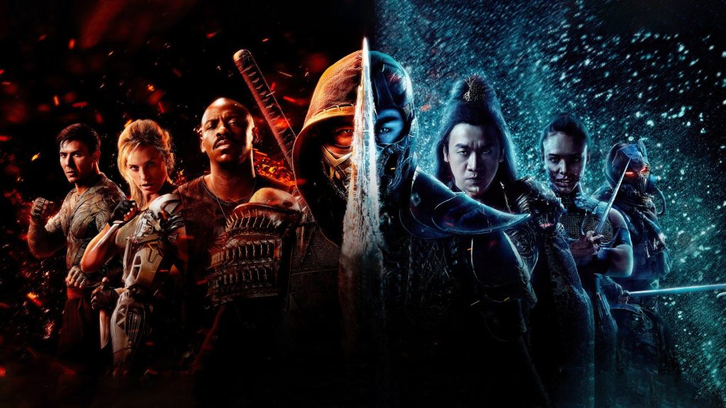 Personagens do filme Mortal Kombat 2021 divididos entre fogo e gelo, pôster oficial da adaptação do jogo de luta para o cinema