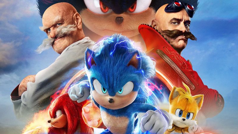 Cena promocional do filme Sonic 3 com Sonic, Shadow, Dr. Robotnik e outros personagens do game, representando um dos jogos que ganharam as telas do cinema