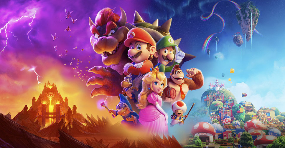 Personagens de Super Mario Bros em destaque no pôster oficial do filme, com Bowser e um cenário sombrio à esquerda e o Reino Cogumelo colorido à direita.